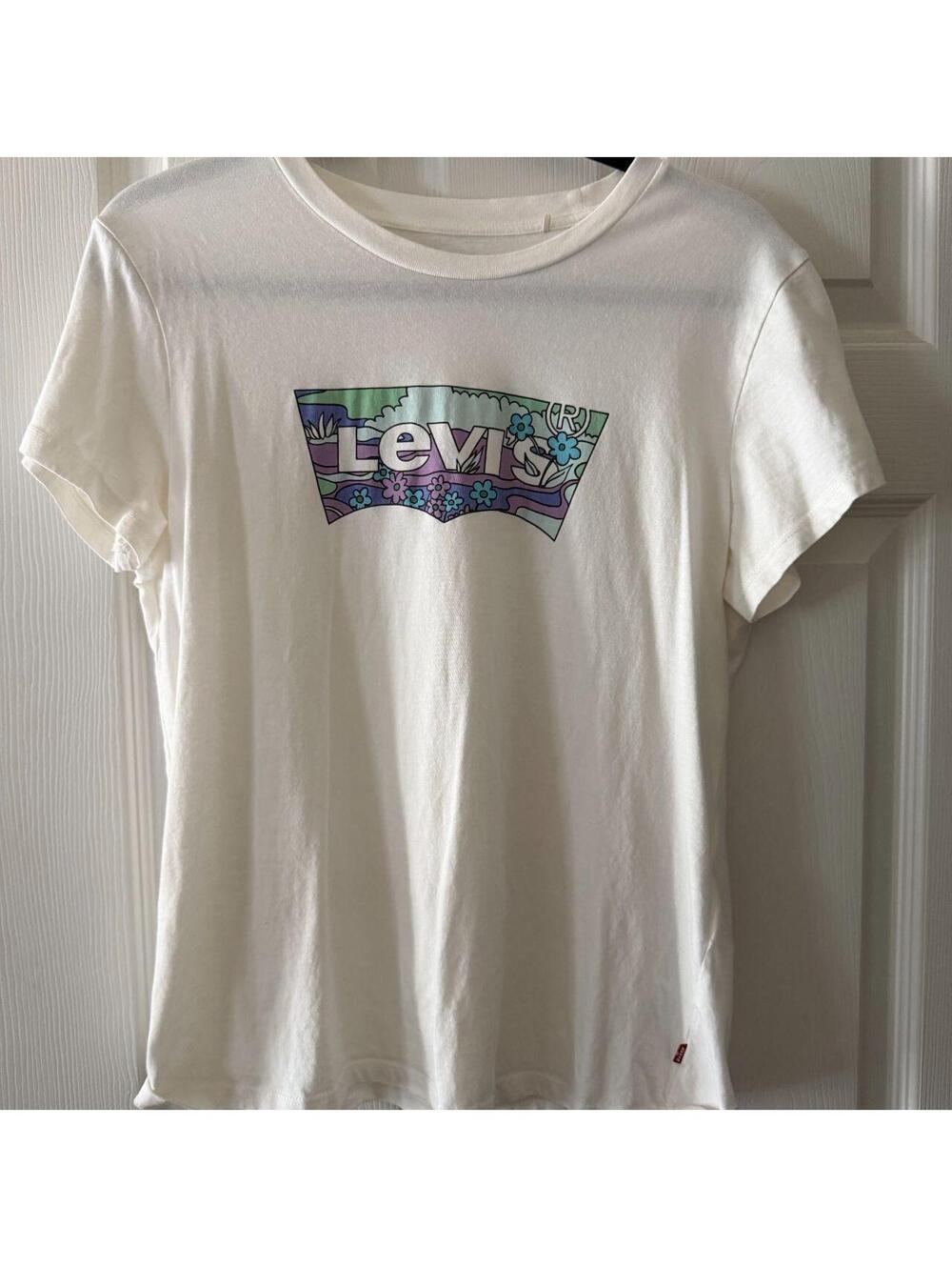 Levi's White Floral Batwing Logo Graphic T-Shirt Size Large